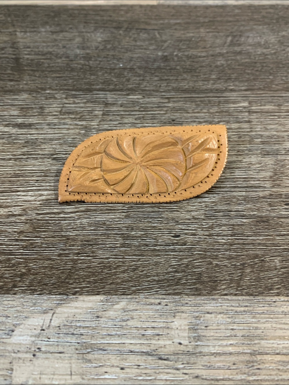 Hand-Tooled Wood Pin Brooch